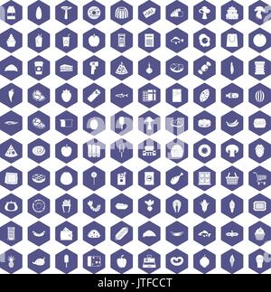 100 food shopping icons hexagon purple Stock Vector