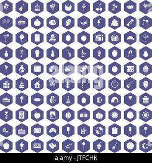 100 fruit party icons hexagon purple Stock Vector