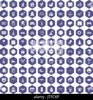 100 funny icons hexagon purple Stock Vector