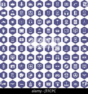 100 gadget icons hexagon purple Stock Vector