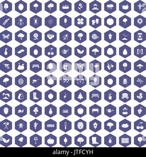 100 gardening icons hexagon purple Stock Vector