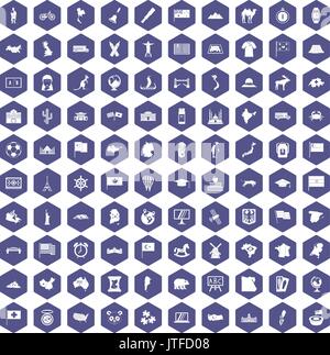 100 geography icons hexagon purple Stock Vector