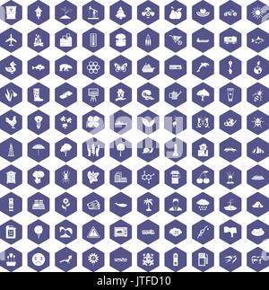 100 global warming icons hexagon purple Stock Vector