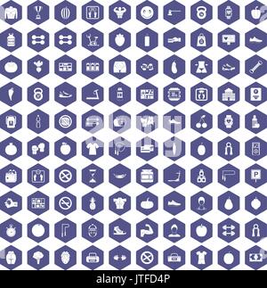 100 gym icons hexagon purple Stock Vector