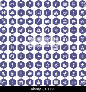 100 happy childhood icons hexagon purple Stock Vector