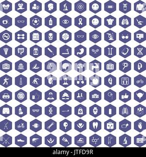 100 health icons hexagon purple Stock Vector