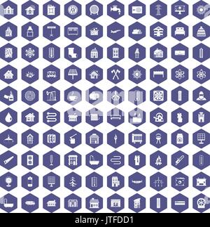 100 heating icons hexagon purple Stock Vector
