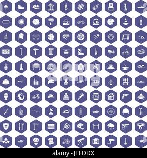 100 helmet icons hexagon purple Stock Vector