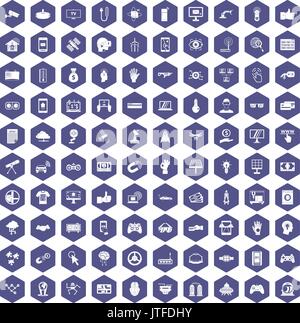 100 hi-tech icons hexagon purple Stock Vector
