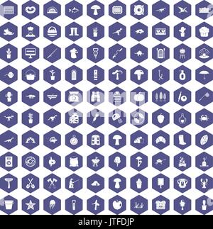 100 hobby icons hexagon purple Stock Vector