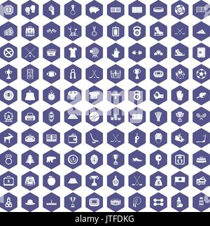 100 hockey icons hexagon purple Stock Vector