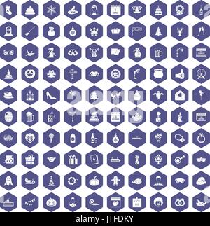 100 holidays icons hexagon purple Stock Vector
