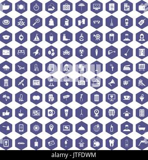 100 hotel services icons hexagon purple Stock Vector