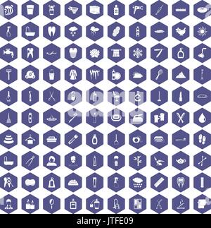 100 hygiene icons hexagon purple Stock Vector