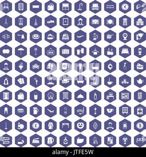 100 inn icons hexagon purple Stock Vector