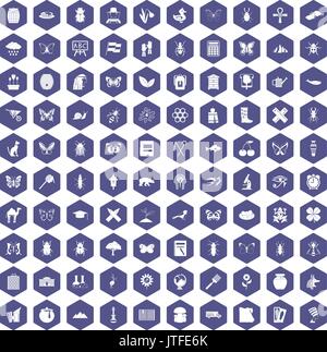 100 insects icons hexagon purple Stock Vector