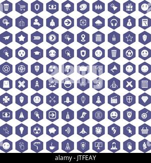 100 interface pictogram icons hexagon purple Stock Vector