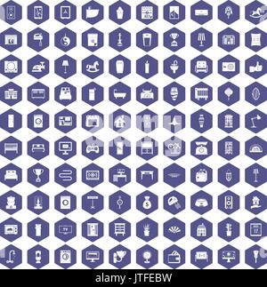 100 interior icons hexagon purple Stock Vector
