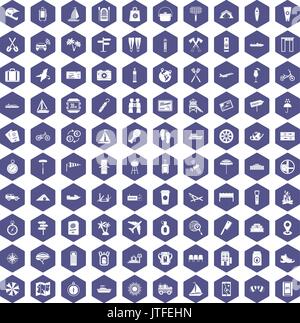 100 journey icons hexagon purple Stock Vector
