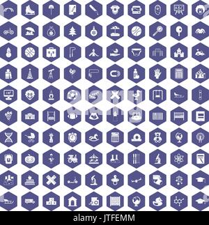 100 kids icons hexagon purple Stock Vector