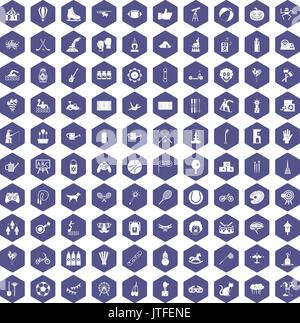 100 kids activity icons hexagon purple Stock Vector