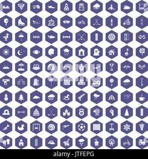 100 kids games icons hexagon purple Stock Vector