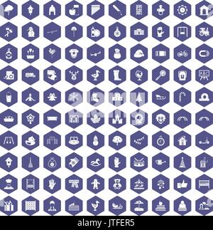 100 kindergarten icons hexagon purple Stock Vector