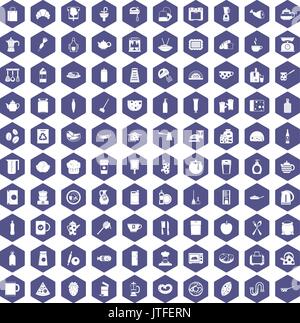 100 kitchen icons hexagon purple Stock Vector