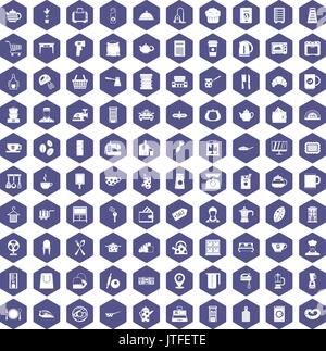 100 kitchen utensils icons hexagon purple Stock Vector