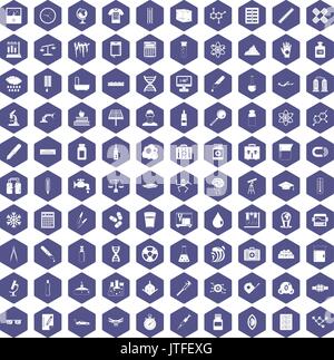 100 laboratory icons hexagon purple Stock Vector