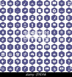 100 landmarks icons hexagon purple Stock Vector