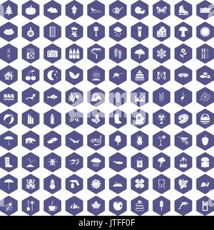 100 landscape icons hexagon purple Stock Vector