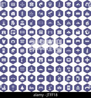 100 landscape element icons hexagon purple Stock Vector