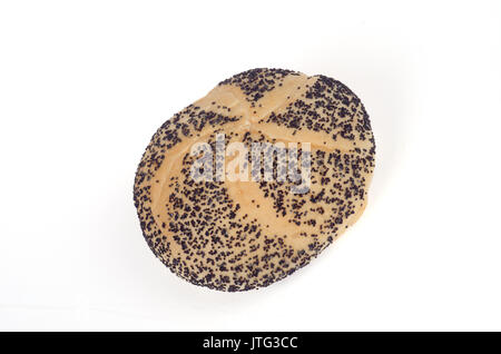 Single Poppy Seed Kaiser Roll on white background, cut-out. Stock Photo