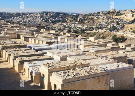Dormition Abby in a panoramic view of Jerusalem from a cemetery on the Mount of Olives beside the Kidron Valley. Stock Photo