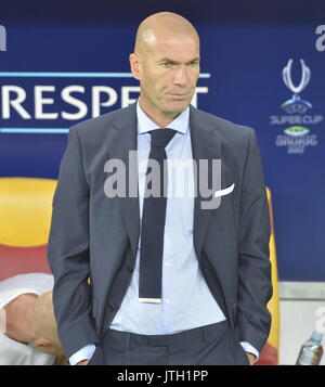 Skopje, Macedonia. 8th Aug, 2017. Real Madrid's head coach Zinedine Zidane looks on during the UEFA Super Cup against Manchester United in Skopje, capital of Macedonia, on Aug. 8, 2017. Real Madrid won 2-1. Credit: Liu Lihang/Xinhua/Alamy Live News Stock Photo