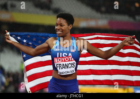 London, UK. 09th Aug, 2017. London, August 09 2017 . Phyllis Francis, USA, wins the women's 400m final in 49.92 seconds ahead of Salwa Eid Naser, Bahrain, second, and Allyson Felix, USA, in third on day six of the IAAF London 2017 world Championships at the London Stadium. Credit: Paul Davey/Alamy Live News Stock Photo