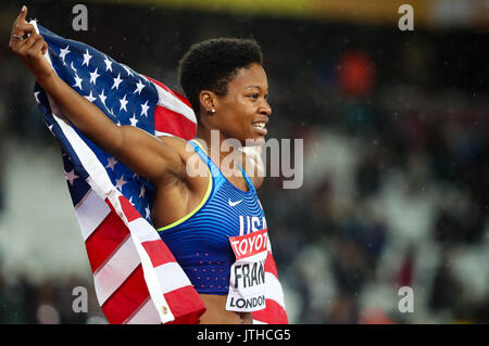 London, UK. 09th Aug, 2017. London, August 09 2017 . Phyllis Francis, USA, wins the women's 400m final in 49.92 seconds ahead of Salwa Eid Naser, Bahrain, second, and Allyson Felix, USA, in third on day six of the IAAF London 2017 world Championships at the London Stadium. Credit: Paul Davey/Alamy Live News Stock Photo