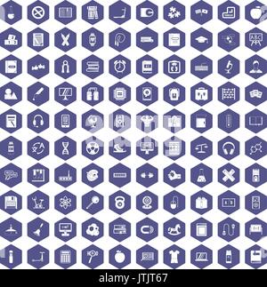 100 learning kids icons hexagon purple Stock Vector