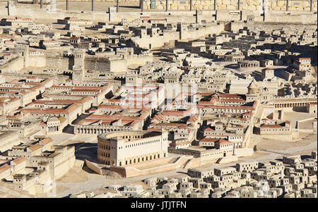 Model of ancient Jerusalem at the time of the second temple.  Including the Herodian Theater, Palace of High Priest Ananias, Royal Palace of the Hasmo Stock Photo