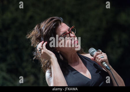 Rome, Italy. 07th Aug, 2017. The famous Italian jazz singer performed on 7/8/2017 at Casa del Jazz in Rome at the end of the 'Summertime 2017' event, presenting his latest album, 'Abbey's Road, a tribute to Abbey Lincoln'. With her on stage, Giovanni Falzone on trumpet, Filippo Vignato on trombone, Matteo Bortone on bass and Ermanno Baron on drums. Ada Montellanico Credit: Leo Claudio De Petris/Pacific Press/Alamy Live News Stock Photo