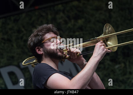 Rome, Italy. 07th Aug, 2017. The famous Italian jazz singer performed on 7/8/2017 at Casa del Jazz in Rome at the end of the 'Summertime 2017' event, presenting his latest album, 'Abbey's Road, a tribute to Abbey Lincoln'. With her on stage, Giovanni Falzone on trumpet, Filippo Vignato on trombone, Matteo Bortone on bass and Ermanno Baron on drums. Filippo Vignato Credit: Leo Claudio De Petris/Pacific Press/Alamy Live News Stock Photo