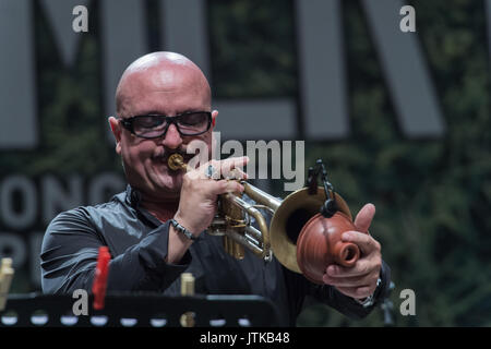 Rome, Italy. 07th Aug, 2017. The famous Italian jazz singer performed on 7/8/2017 at Casa del Jazz in Rome at the end of the 'Summertime 2017' event, presenting his latest album, 'Abbey's Road, a tribute to Abbey Lincoln'. With her on stage, Giovanni Falzone on trumpet, Filippo Vignato on trombone, Matteo Bortone on bass and Ermanno Baron on drums. Giovanni Falzone Credit: Leo Claudio De Petris/Pacific Press/Alamy Live News Stock Photo