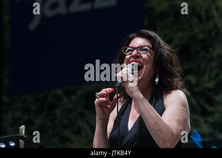 Rome, Italy. 07th Aug, 2017. The famous Italian jazz singer performed on 7/8/2017 at Casa del Jazz in Rome at the end of the 'Summertime 2017' event, presenting his latest album, 'Abbey's Road, a tribute to Abbey Lincoln'. With her on stage, Giovanni Falzone on trumpet, Filippo Vignato on trombone, Matteo Bortone on bass and Ermanno Baron on drums. Ada Montellanico Credit: Leo Claudio De Petris/Pacific Press/Alamy Live News Stock Photo