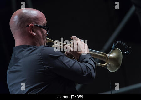 Rome, Italy. 07th Aug, 2017. The famous Italian jazz singer performed on 7/8/2017 at Casa del Jazz in Rome at the end of the 'Summertime 2017' event, presenting his latest album, 'Abbey's Road, a tribute to Abbey Lincoln'. With her on stage, Giovanni Falzone on trumpet, Filippo Vignato on trombone, Matteo Bortone on bass and Ermanno Baron on drums. Giovanni Falzone Credit: Leo Claudio De Petris/Pacific Press/Alamy Live News Stock Photo