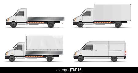 Set of realistic white cargo vehicles. vector illustration with heavy truck, trailer, lorry, Mini bus, delivery van isolated. Side view mockup. Stock Vector