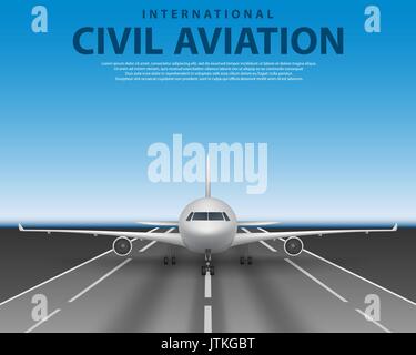 Civil passenger airliner jet on runway. Commercial realistic airplane concept front view. Plane in blue sky, travel agency advertisement poster design Stock Vector