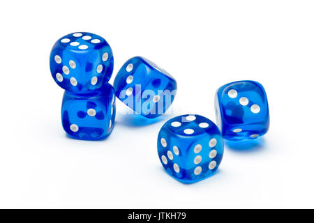 Blue game dice on white background Stock Photo