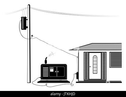 Emergency supply of the house with electricity from an autonomous generator. Power outage. Black silhouette. Stock Vector