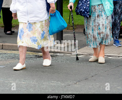 Two elderly women crossing a road at a pedestrian crossing, UK Stock Photo